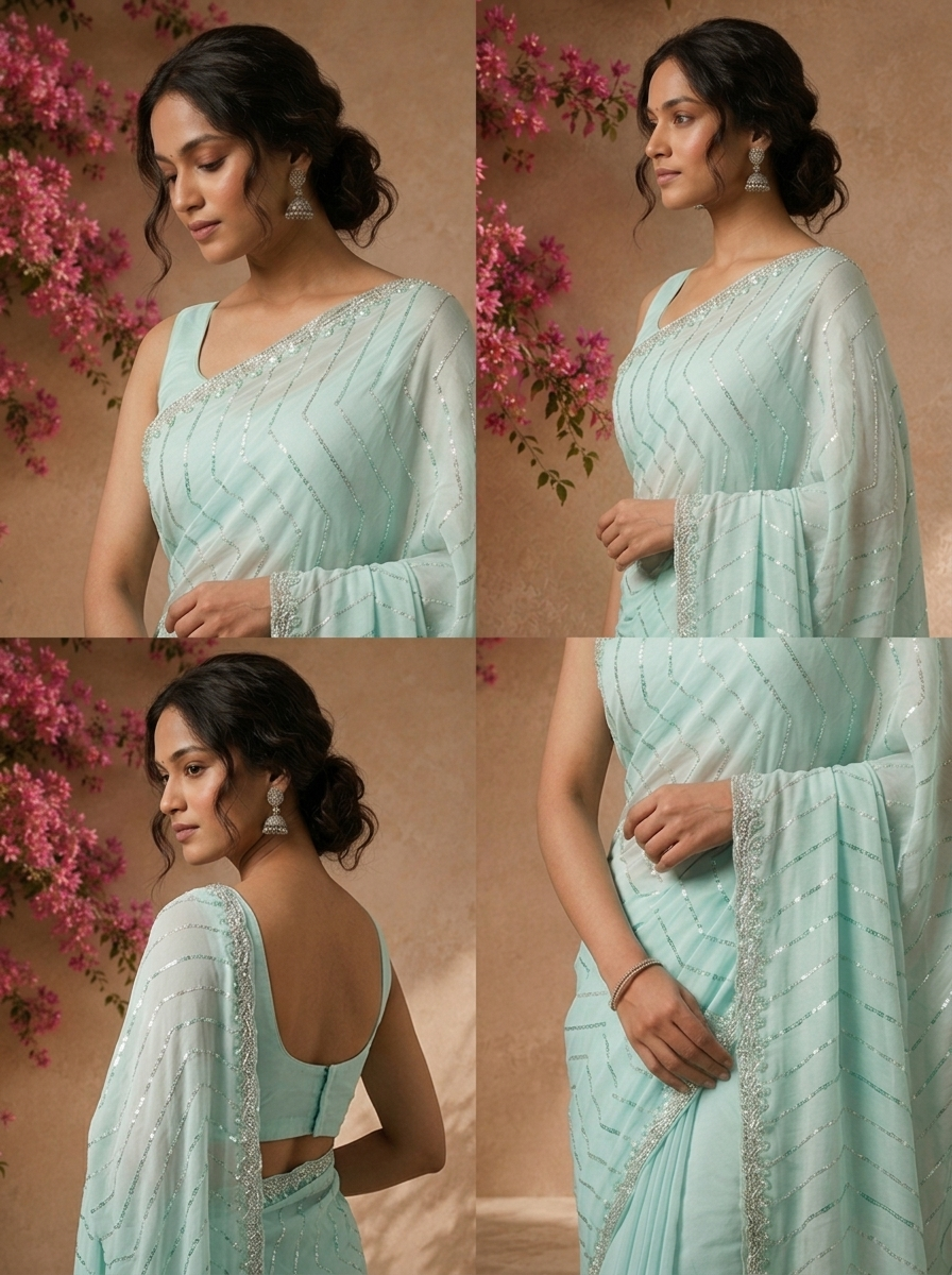 Sea Green Organza Sequin Embroidered Saree
