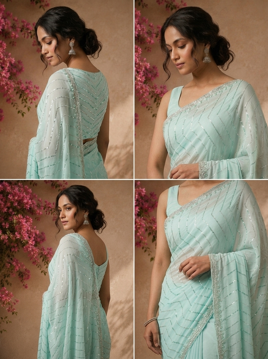 Sea Green Organza Sequin Embroidered Saree