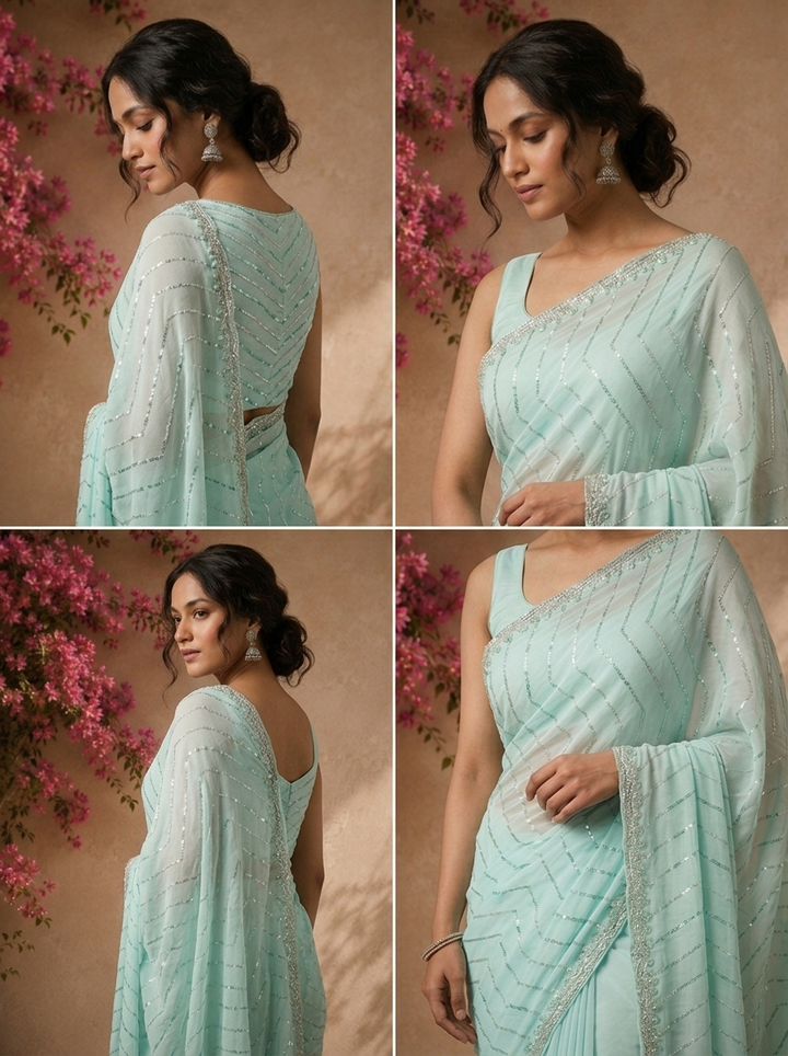Sea Green Organza Sequin Embroidered Saree