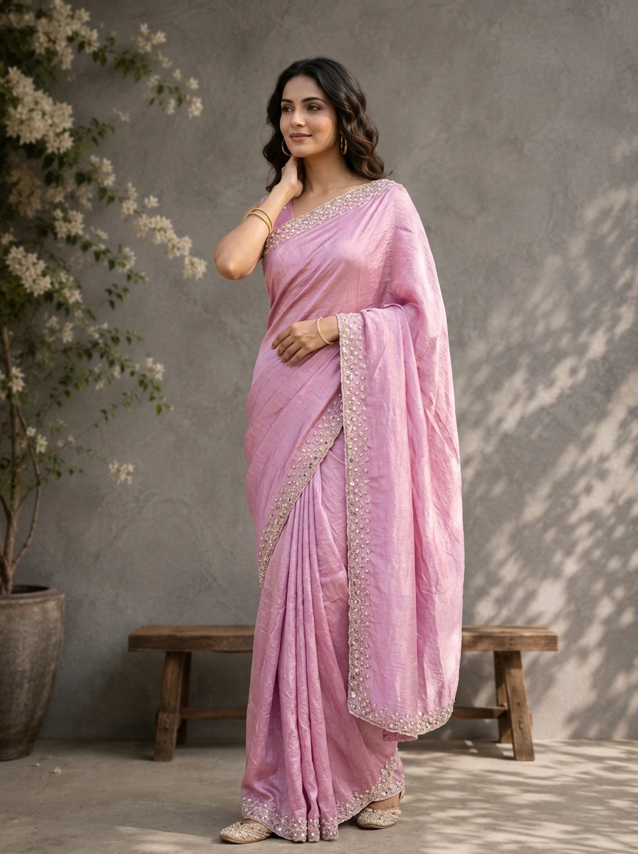 Lilac Organza Solid Saree With Mirror And Pearl Border