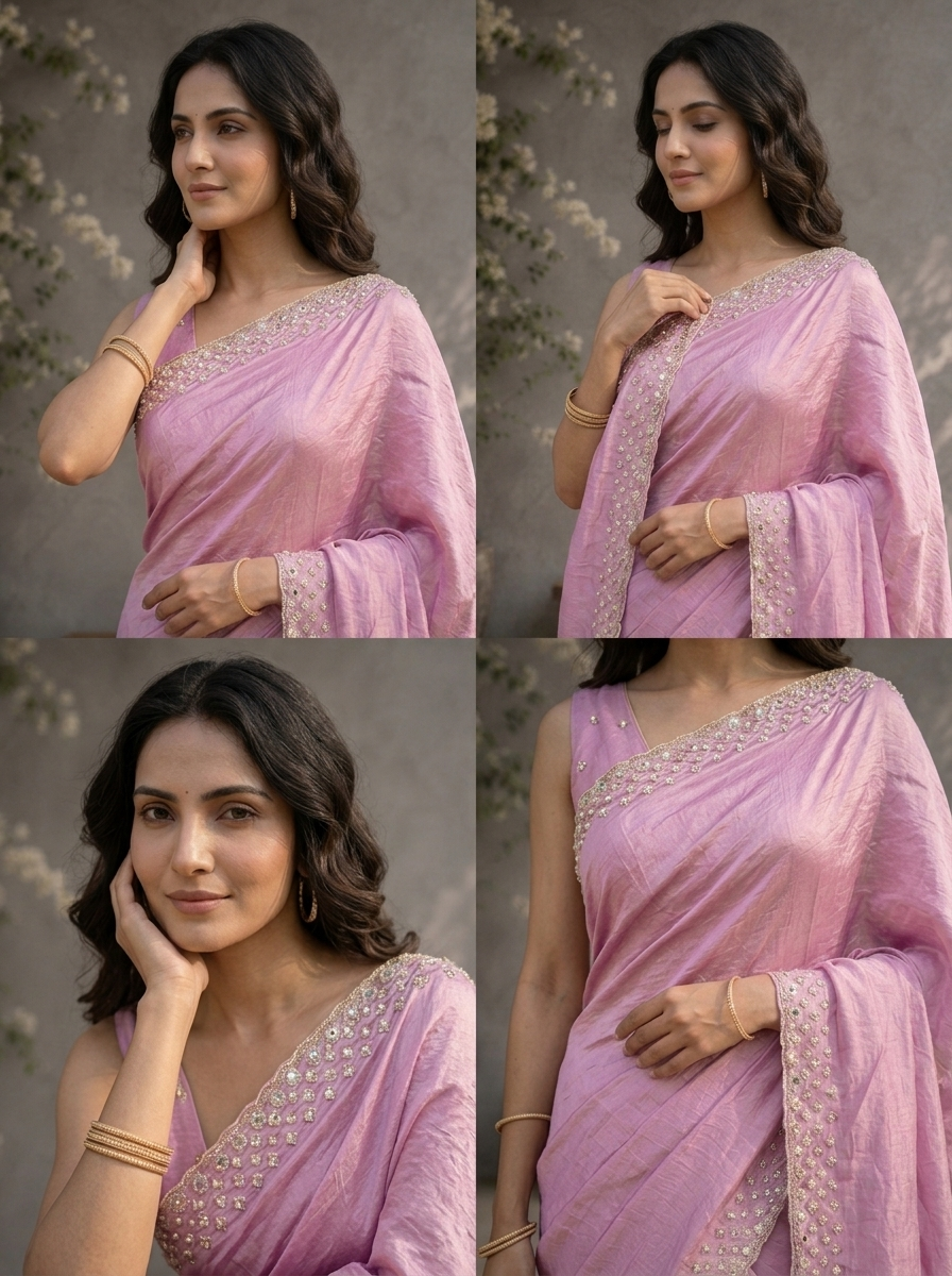 Lilac Organza Solid Saree With Mirror And Pearl Border