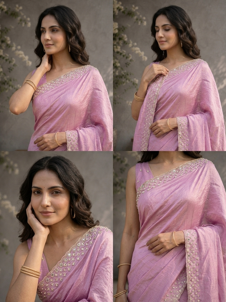 Lilac Organza Solid Saree With Mirror And Pearl Border
