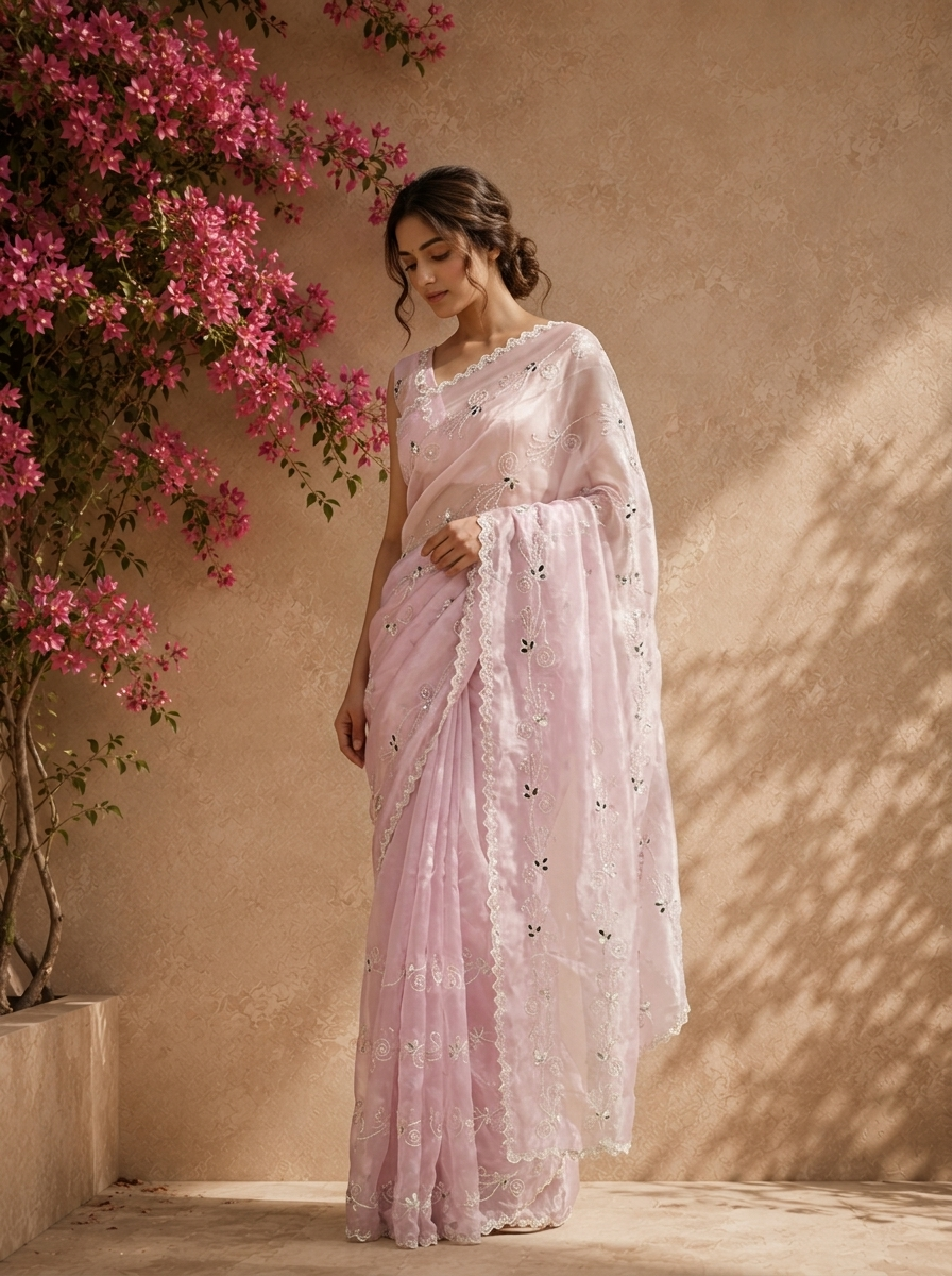 Purple Organza Scattered Mirror Butis Embroidered Saree