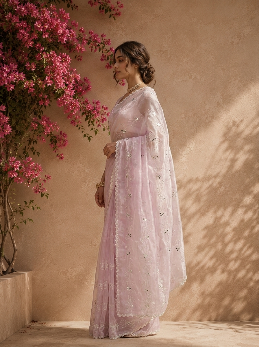 Purple Organza Scattered Mirror Butis Embroidered Saree