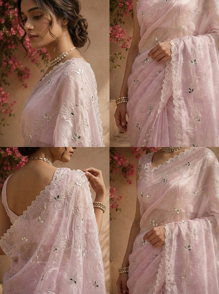 Purple Organza Scattered Mirror Butis Embroidered Saree