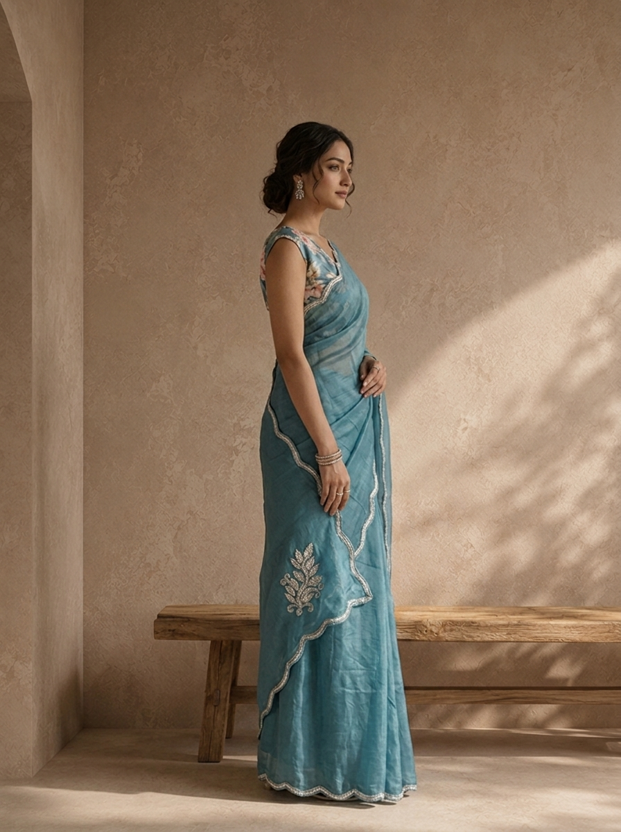 Sea Blue Organza Embroidered Saree With Scallop Gota Border