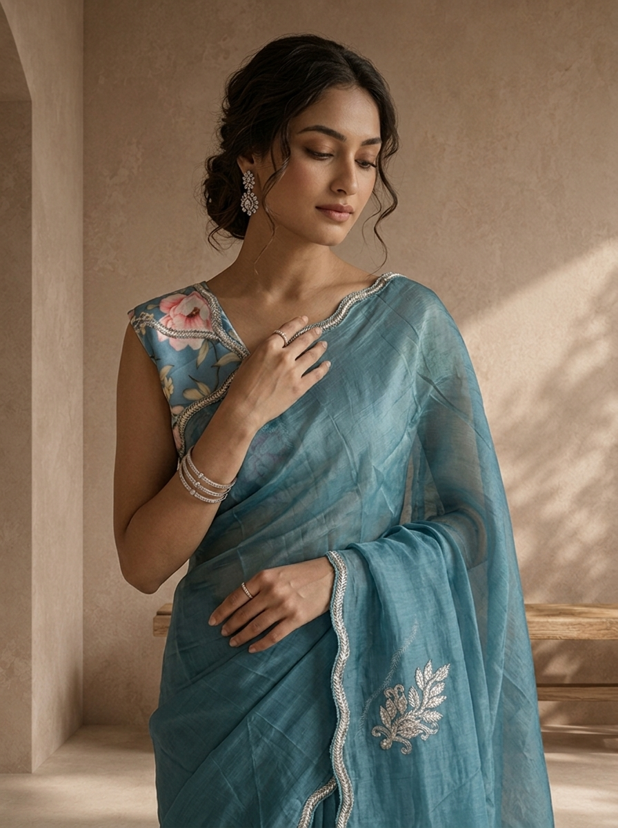 Sea Blue Organza Embroidered Saree With Scallop Gota Border