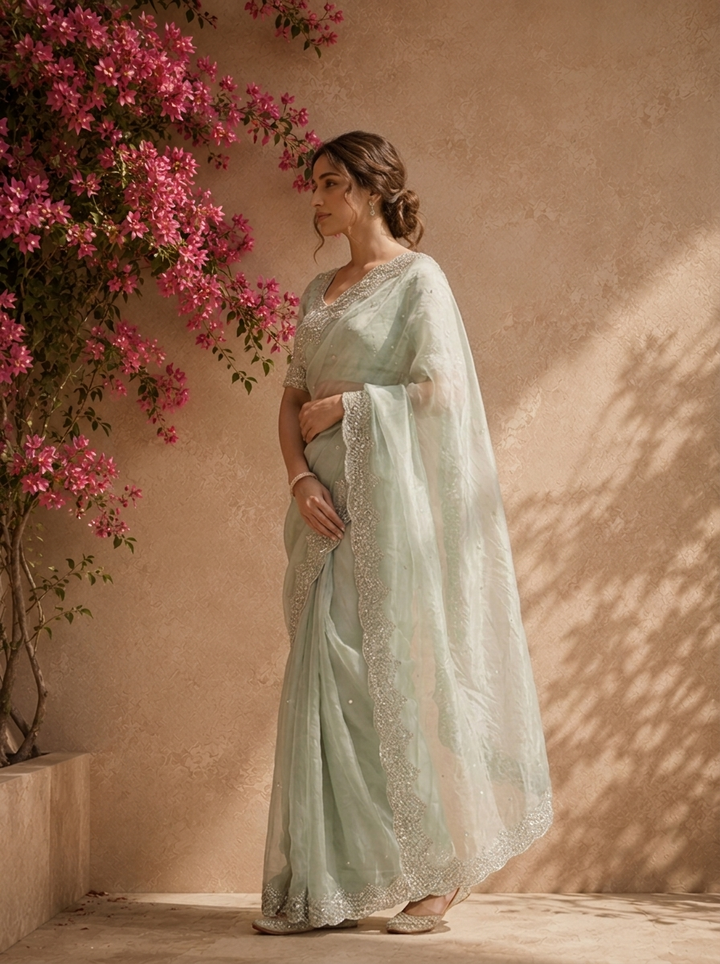 Pista Green Organza Tie-Dye Saree With Heavy Scallop Stone And Mirror Border