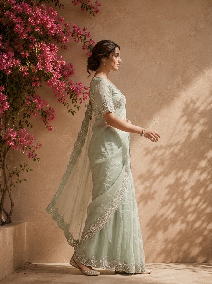 Pista Green Organza Tie-Dye Saree With Heavy Scallop Stone And Mirror Border
