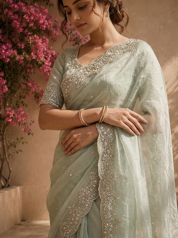 Pista Green Organza Tie-Dye Saree With Heavy Scallop Stone And Mirror Border