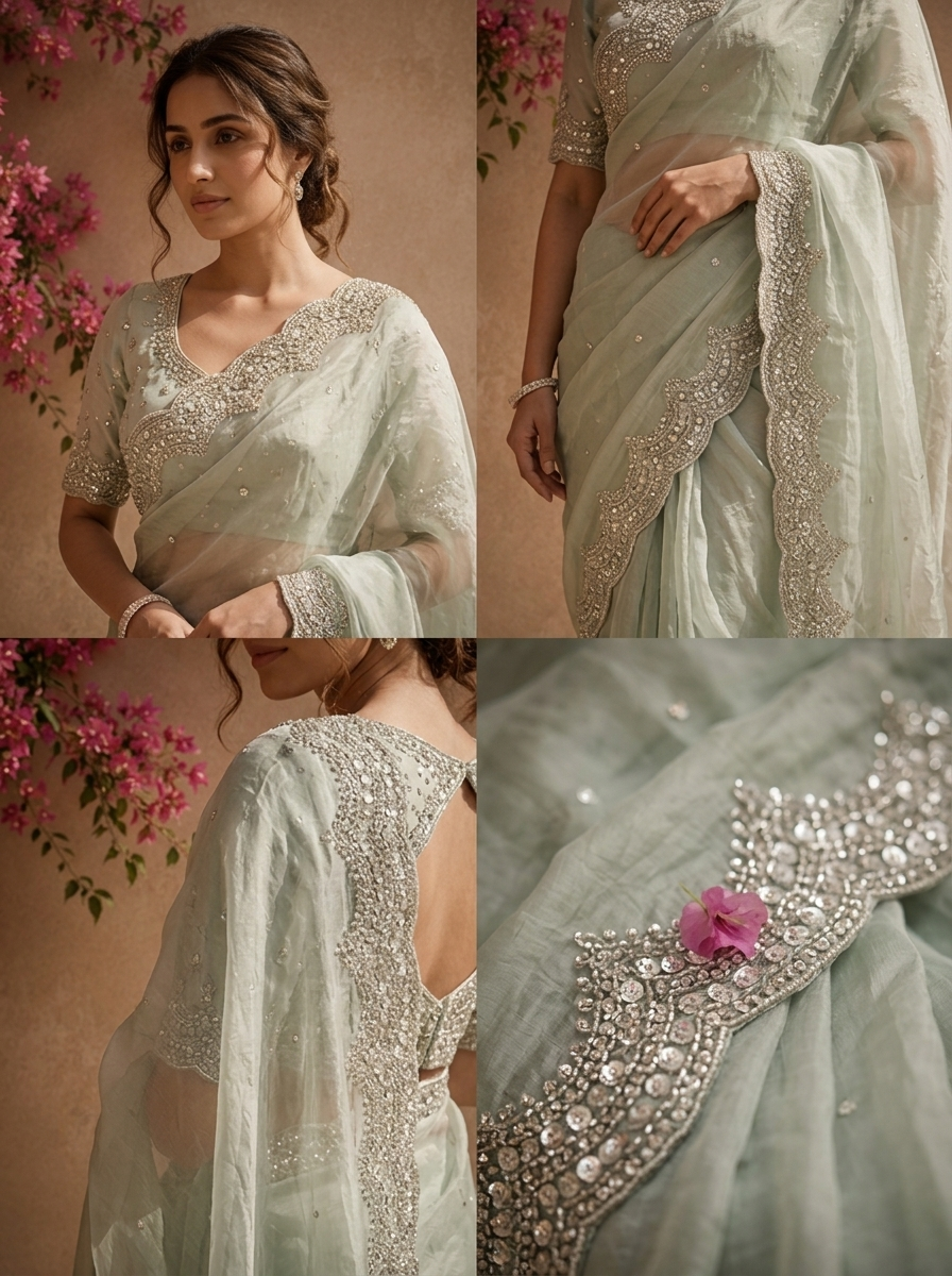 Pista Green Organza Tie-Dye Saree With Heavy Scallop Stone And Mirror Border