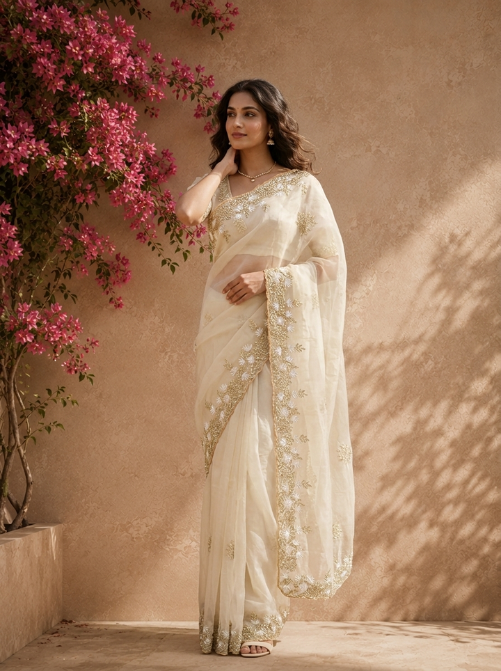 Off White Organza Saree With Sequin Floral Border