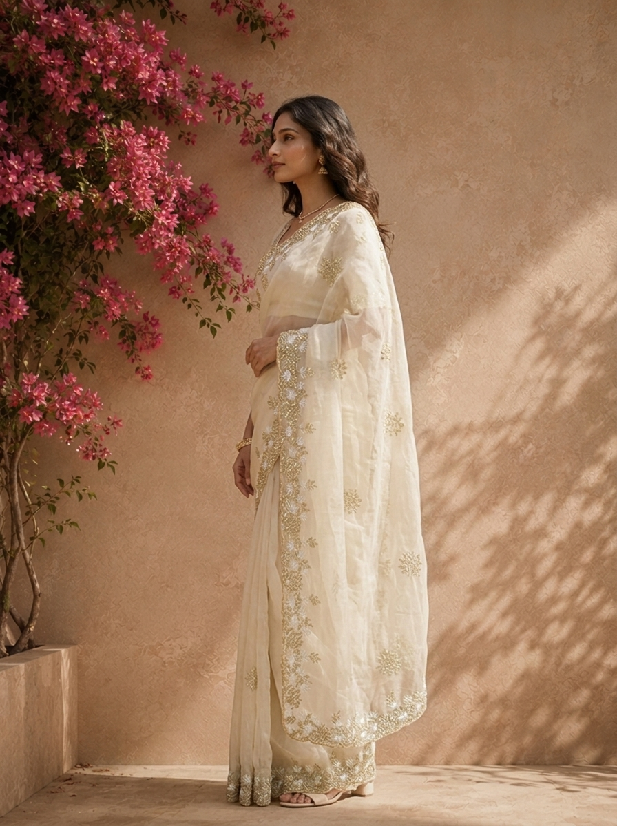Off White Organza Saree With Sequin Floral Border
