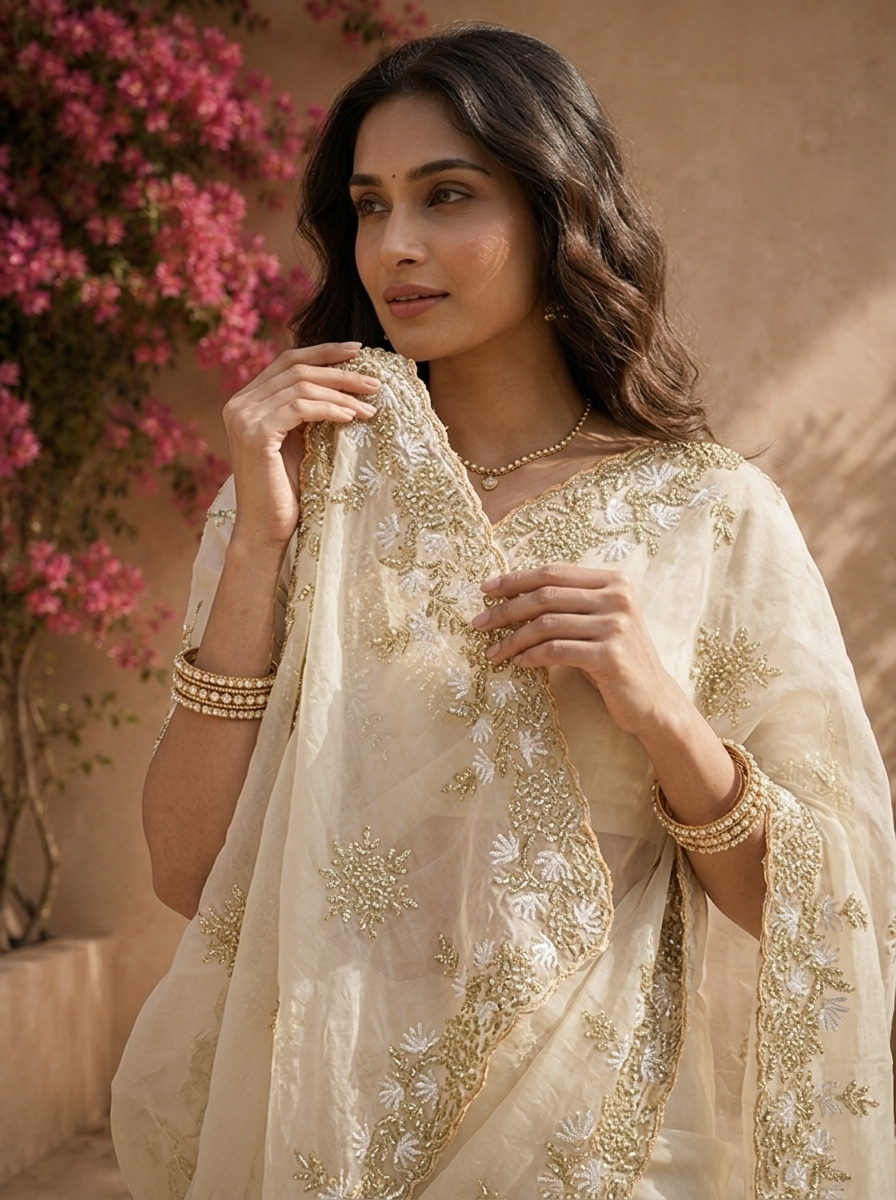 Off White Organza Saree With Sequin Floral Border