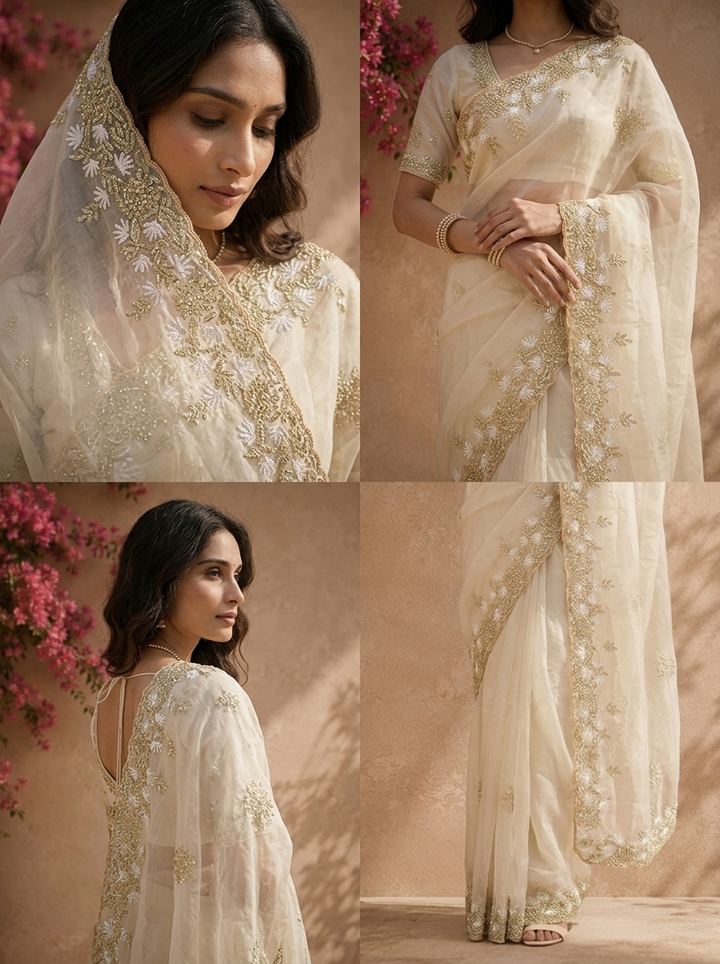 Off White Organza Saree With Sequin Floral Border