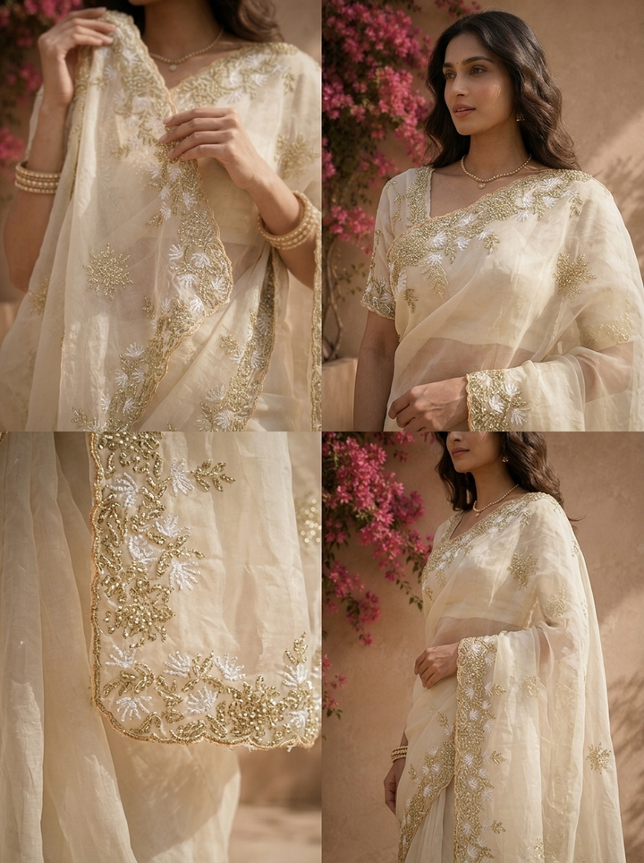 Off White Organza Saree With Sequin Floral Border