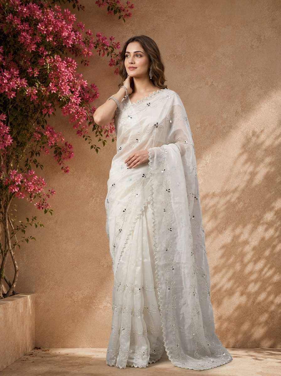 Cream Organza Scattered Mirror Butis Embroidered Saree