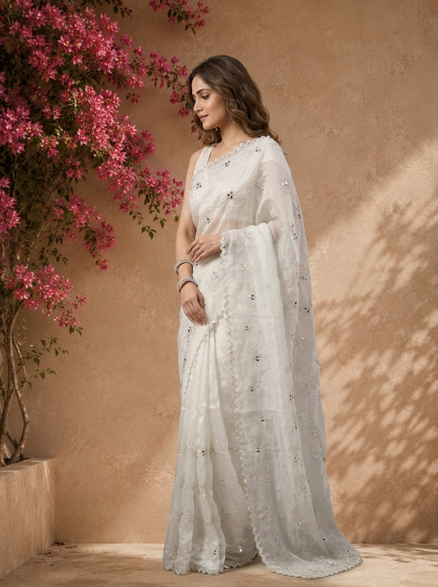 Cream Organza Scattered Mirror Butis Embroidered Saree