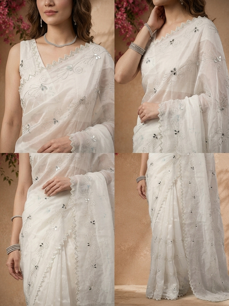 Cream Organza Scattered Mirror Butis Embroidered Saree