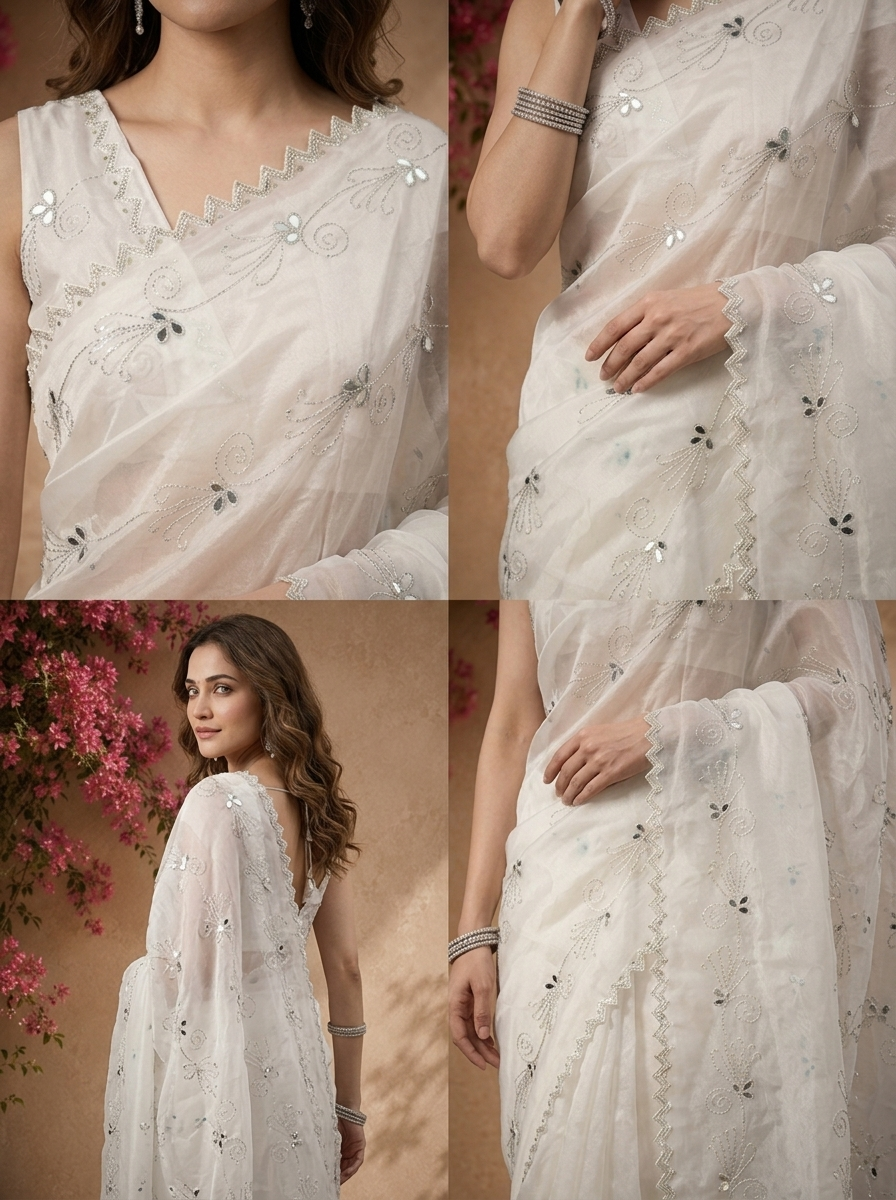 Cream Organza Scattered Mirror Butis Embroidered Saree