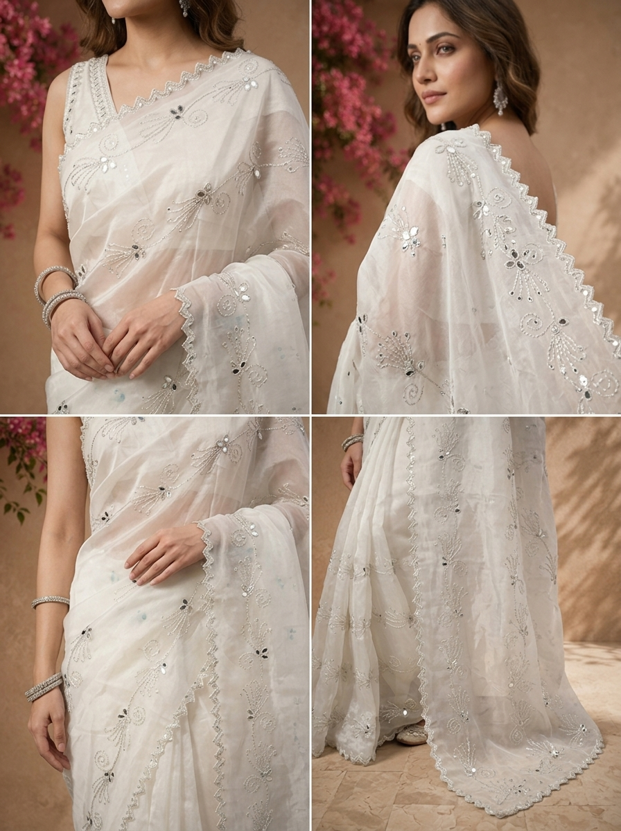 Cream Organza Scattered Mirror Butis Embroidered Saree