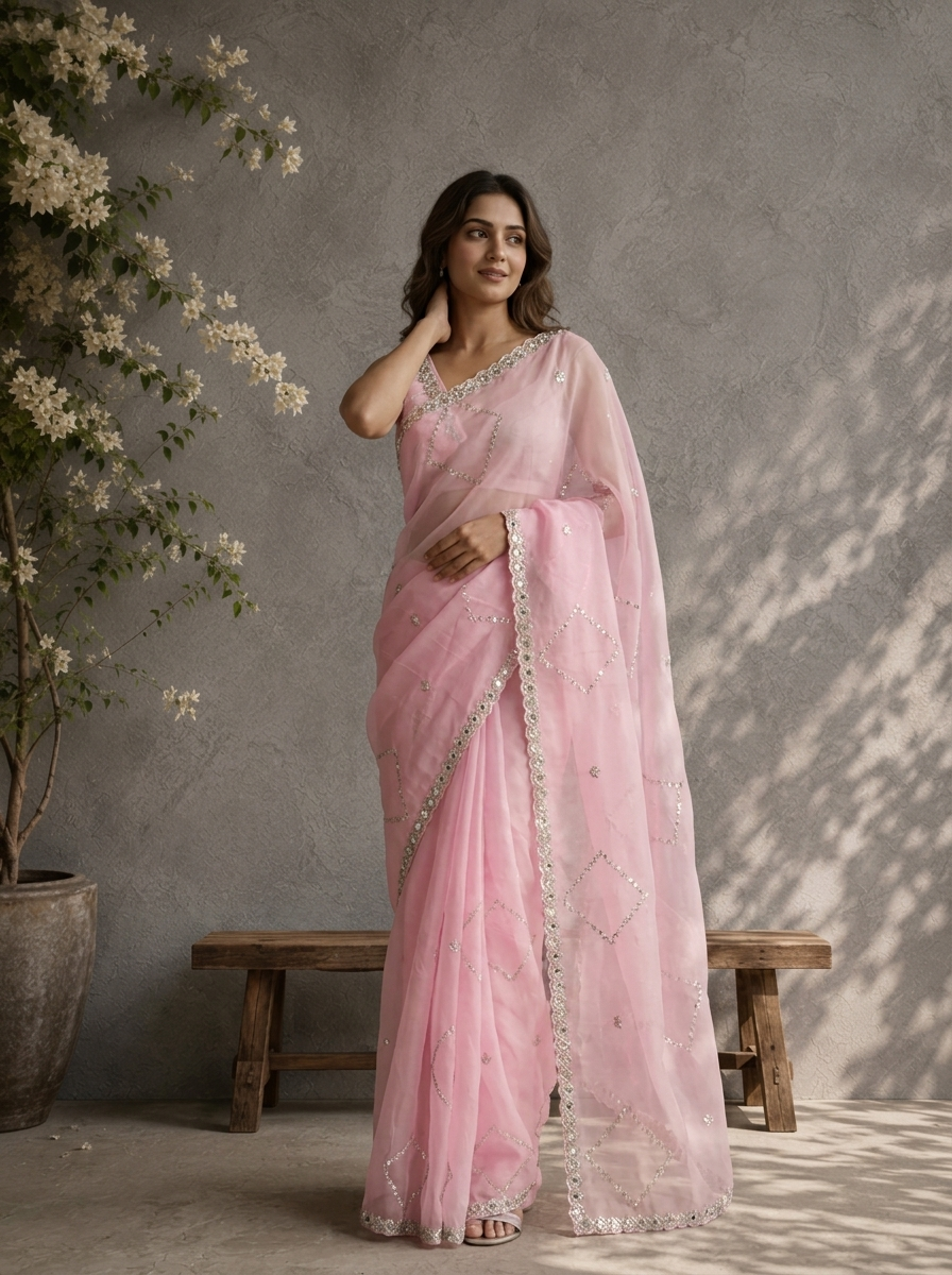 Baby Pink Organza Geometric Sequin Jaal Embroidered Saree With Mirror Border