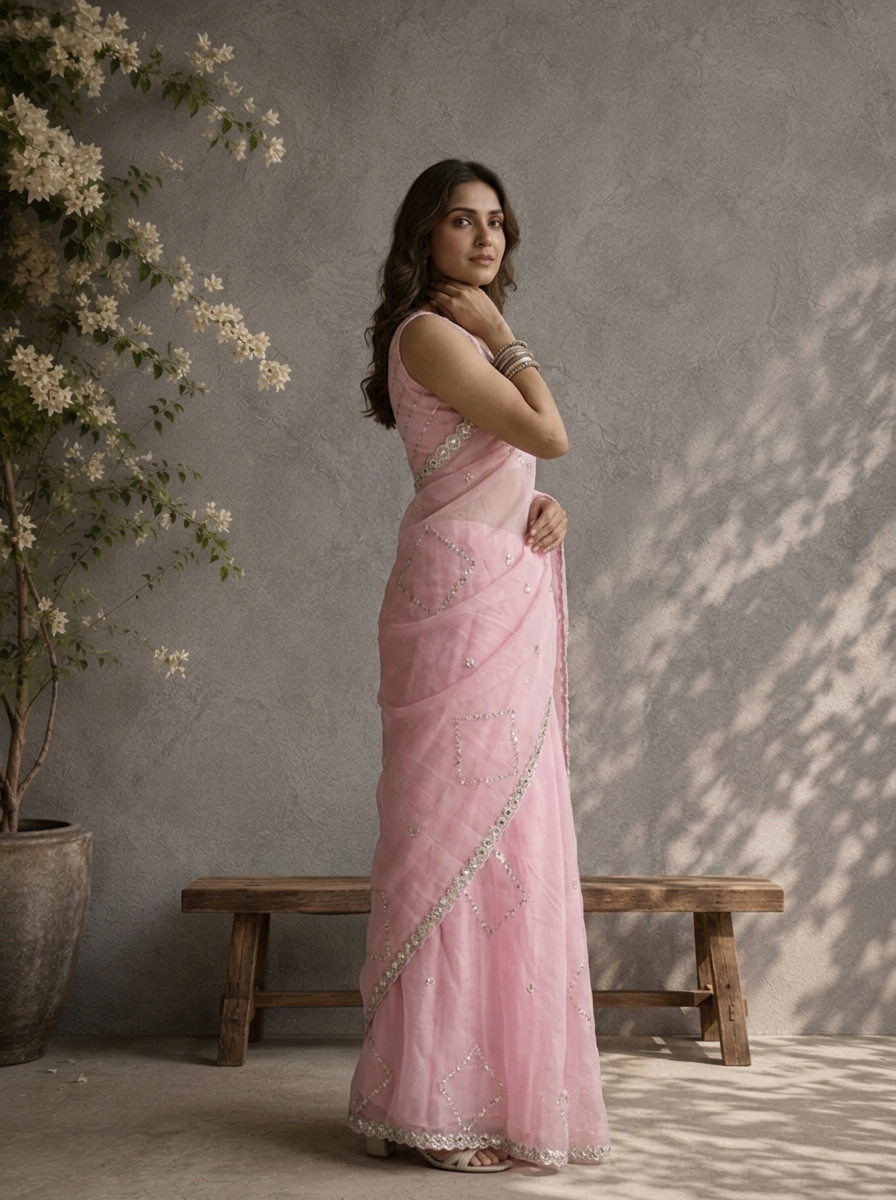 Baby Pink Organza Geometric Sequin Jaal Embroidered Saree With Mirror Border