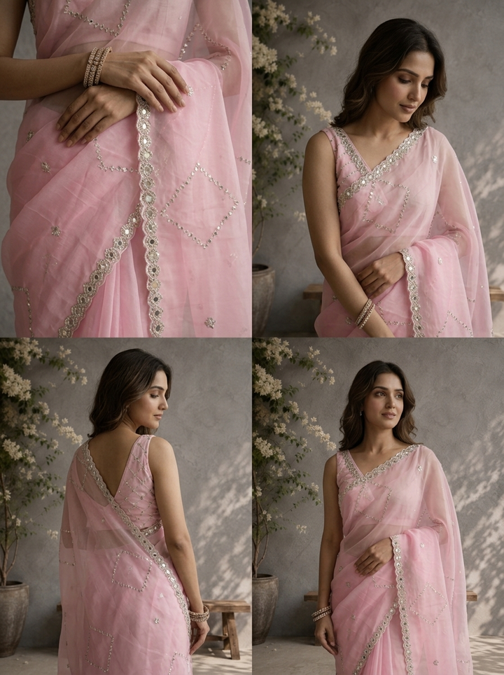 Baby Pink Organza Geometric Sequin Jaal Embroidered Saree With Mirror Border