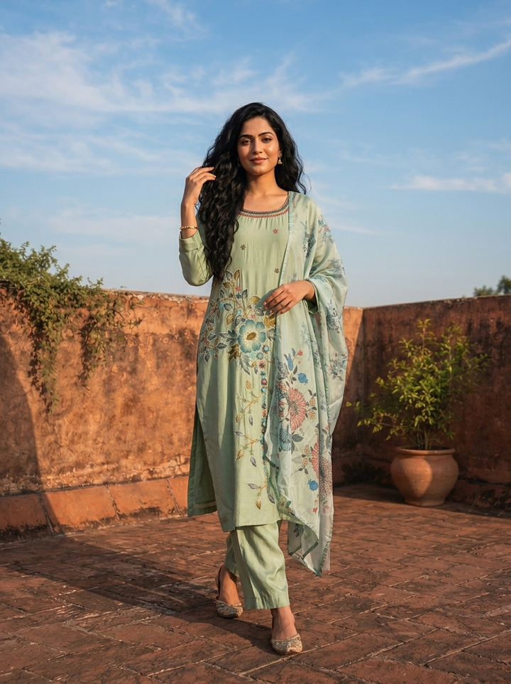 Pista Cotton Floral Motifs Printed Three Piece Set