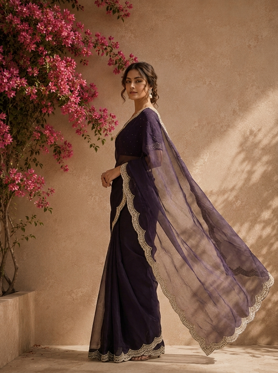 Purple Organza Solid Saree With Heavy Scallop Stone And Bead Border