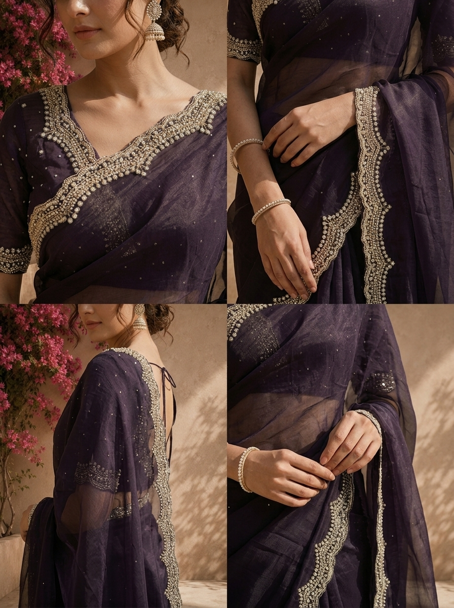 Purple Organza Solid Saree With Heavy Scallop Stone And Bead Border