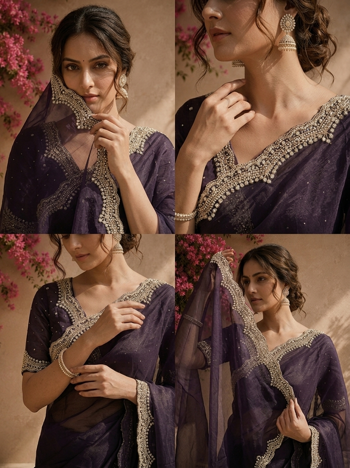 Purple Organza Solid Saree With Heavy Scallop Stone And Bead Border