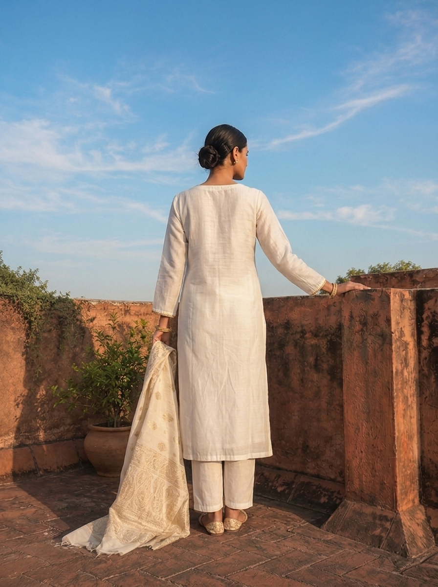 Cream Muslin Heavy Zari Embroidered Three Piece Set