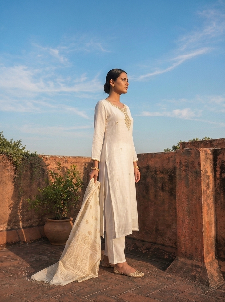 Cream Muslin Heavy Zari Embroidered Three Piece Set