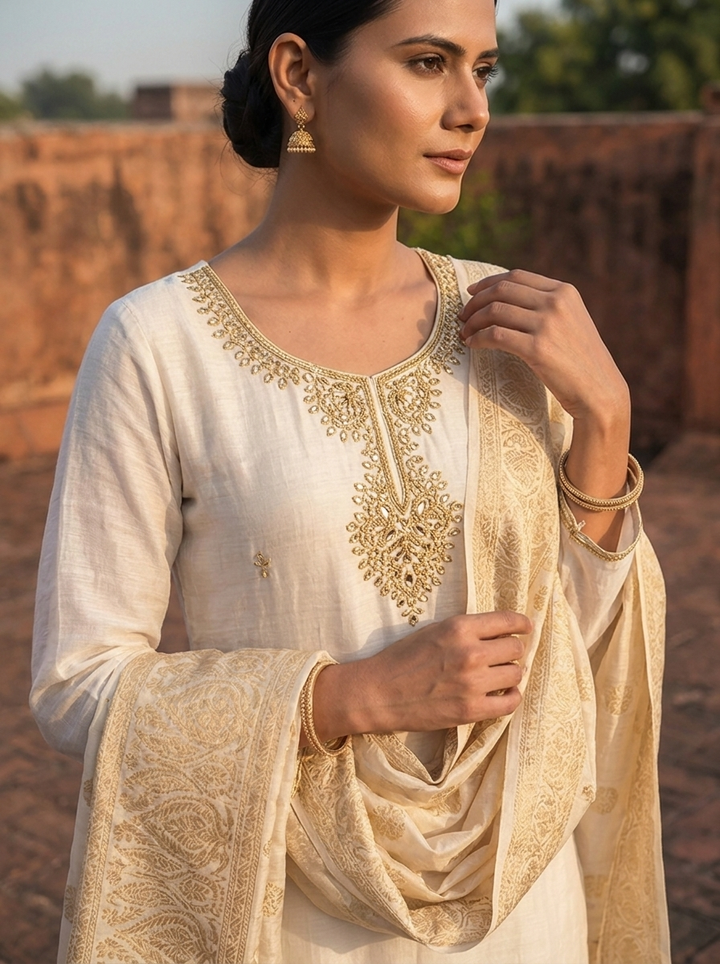 Cream Muslin Heavy Zari Embroidered Three Piece Set