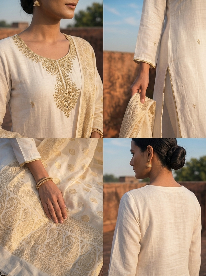 Cream Muslin Heavy Zari Embroidered Three Piece Set