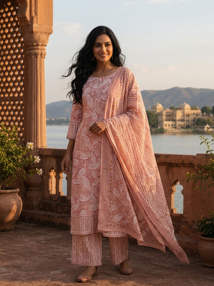 Peach Cotton Paisley Block Printed Three Piece Set