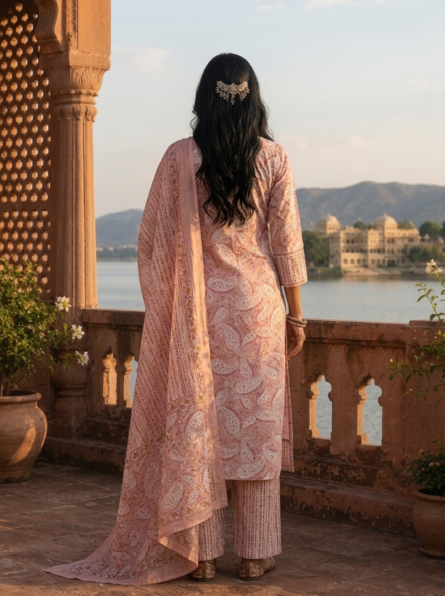 Peach Cotton Paisley Block Printed Three Piece Set