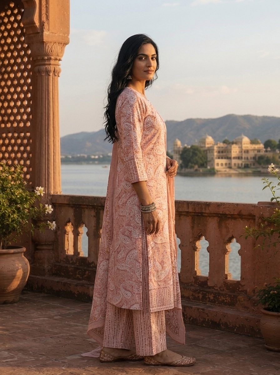 Peach Cotton Paisley Block Printed Three Piece Set