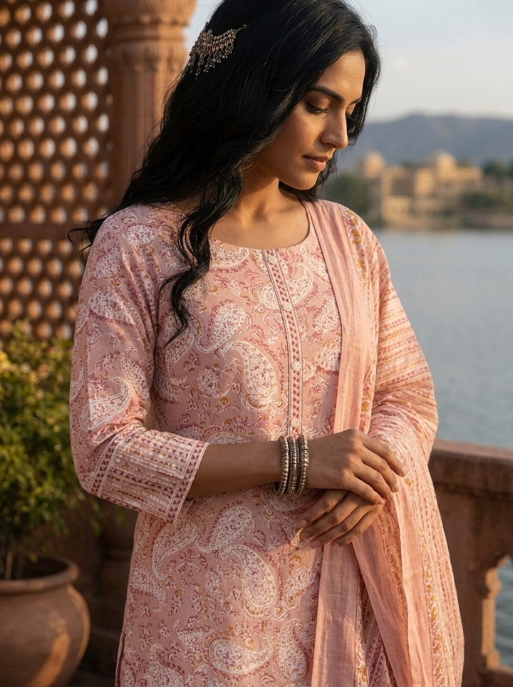 Peach Cotton Paisley Block Printed Three Piece Set