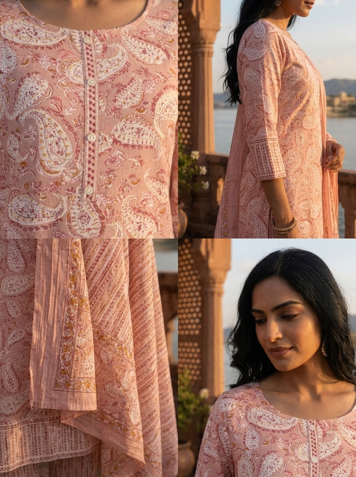 Peach Cotton Paisley Block Printed Three Piece Set