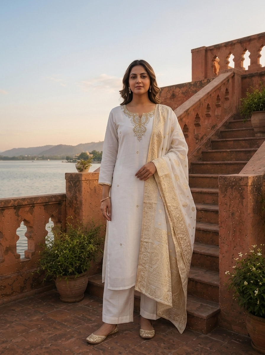 Cream Muslin Heavy Zardozi And Stone Embroidered Three Piece Set