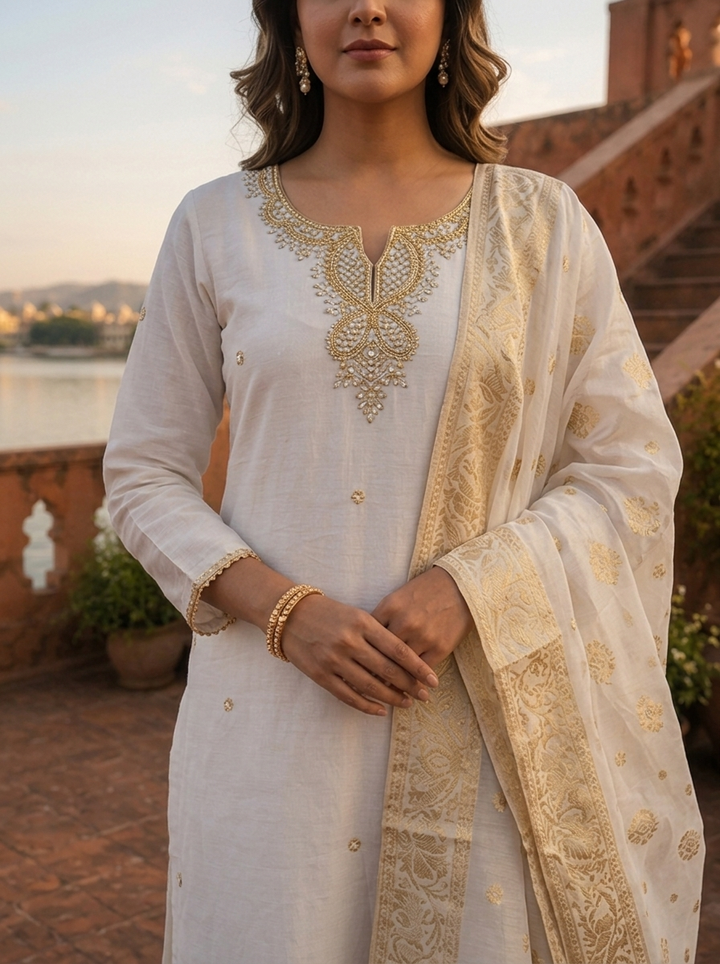Cream Muslin Heavy Zardozi And Stone Embroidered Three Piece Set