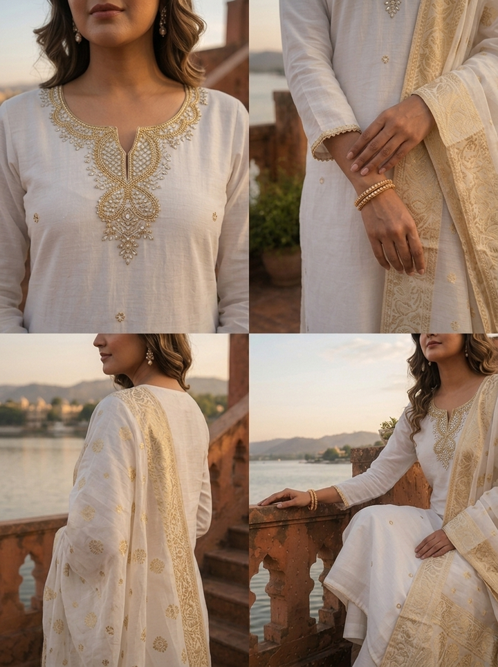 Cream Muslin Heavy Zardozi And Stone Embroidered Three Piece Set