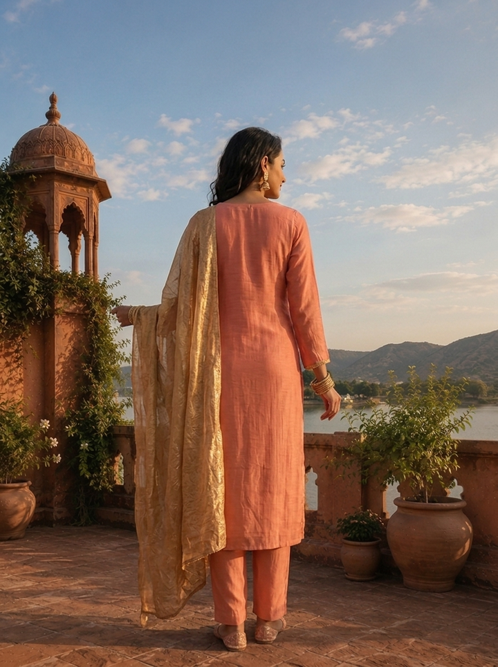 Onion Muslin Heavy Zari Embroidered Three Piece Set