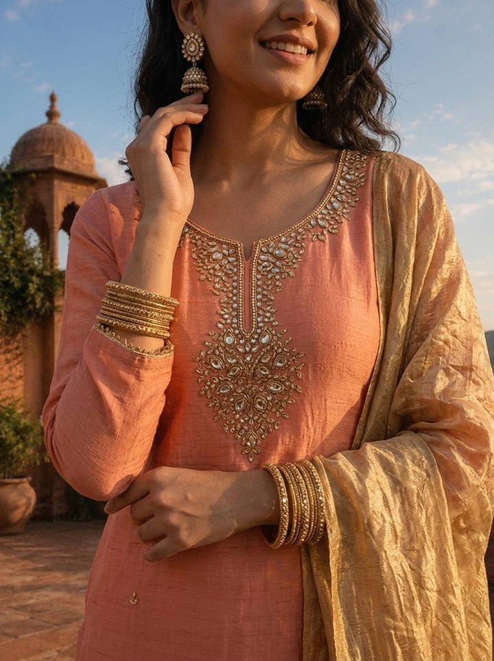 Onion Muslin Heavy Zari Embroidered Three Piece Set