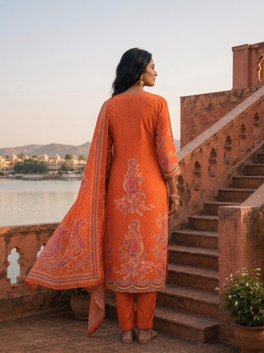 Orange Crepe Paisley Buta With Geometric Dots Printed Three Piece Set
