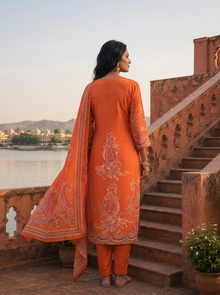 Orange Crepe Paisley Buta With Geometric Dots Printed Three Piece Set