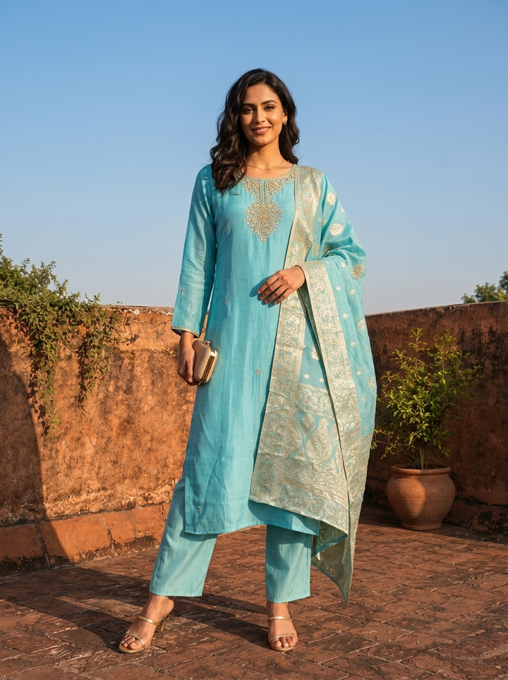Sky Blue Muslin Heavy Zari Embroidered Three Piece Set