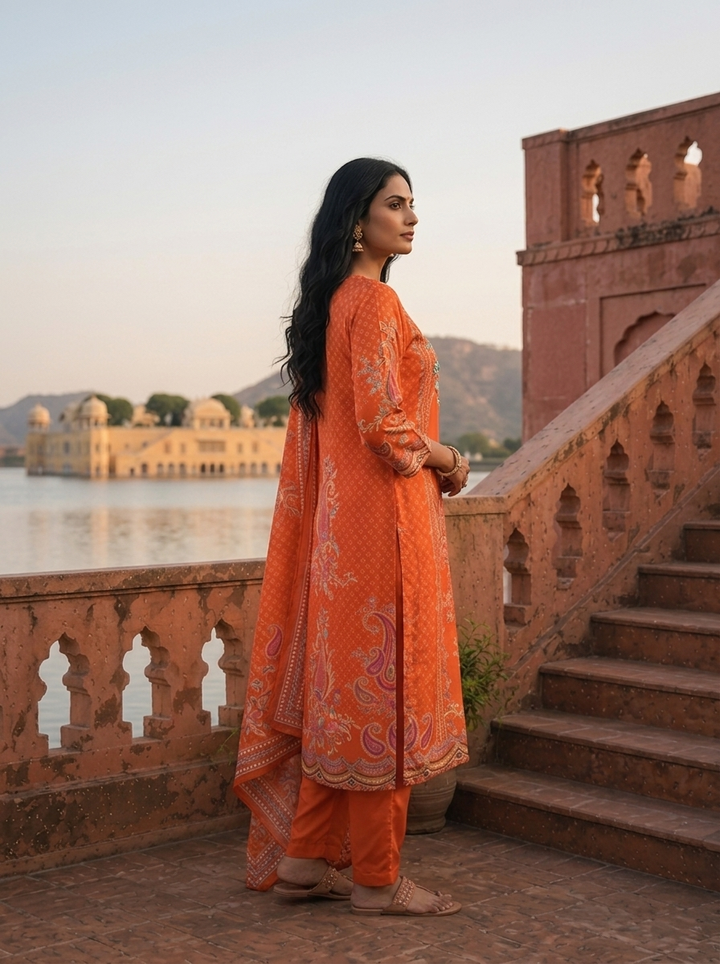 Orange Crepe Paisley Buta With Geometric Dots Printed Three Piece Set